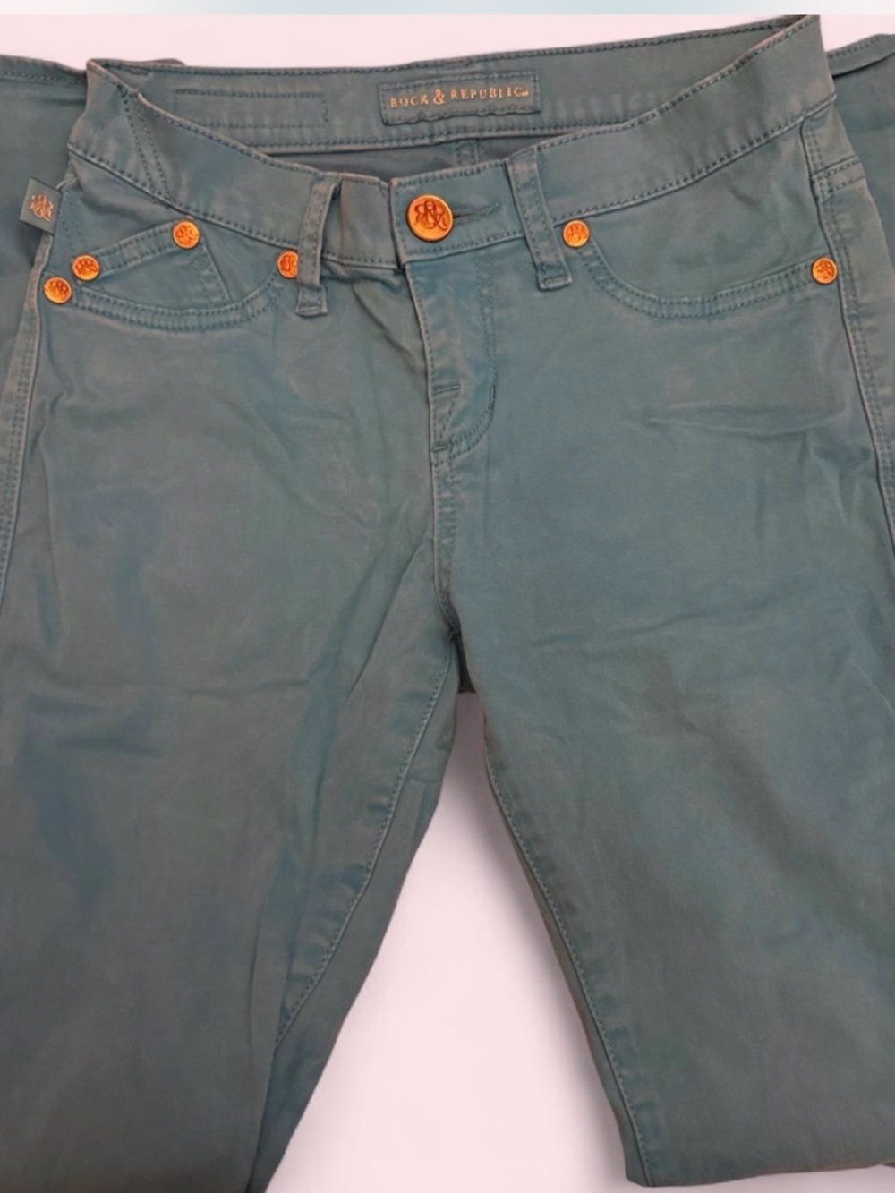 Rock & Republic Women's Teal-Green Skinny Jeans with Gold Hardware